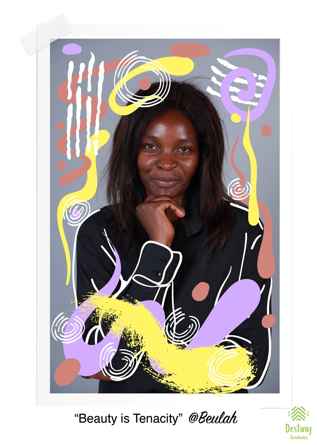 A woman with dark skin and shoulder-length hair poses thoughtfully, resting her chin on her hand. She wears a black shirt. The portrait is overlaid with colourful abstract swirls and shapes. Text reads: 