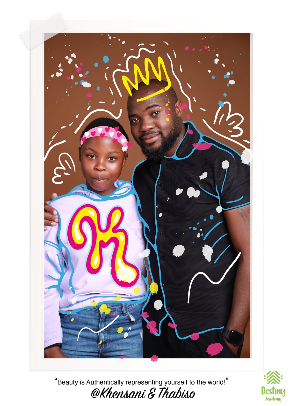 A young girl and man pose together, both outlined with playful, colourful digital doodles—hearts, a yellow crown, and angel wings. The girl wears a blue top with a pink “M;” the man wears a black shirt. They smile, standing before a brown background.