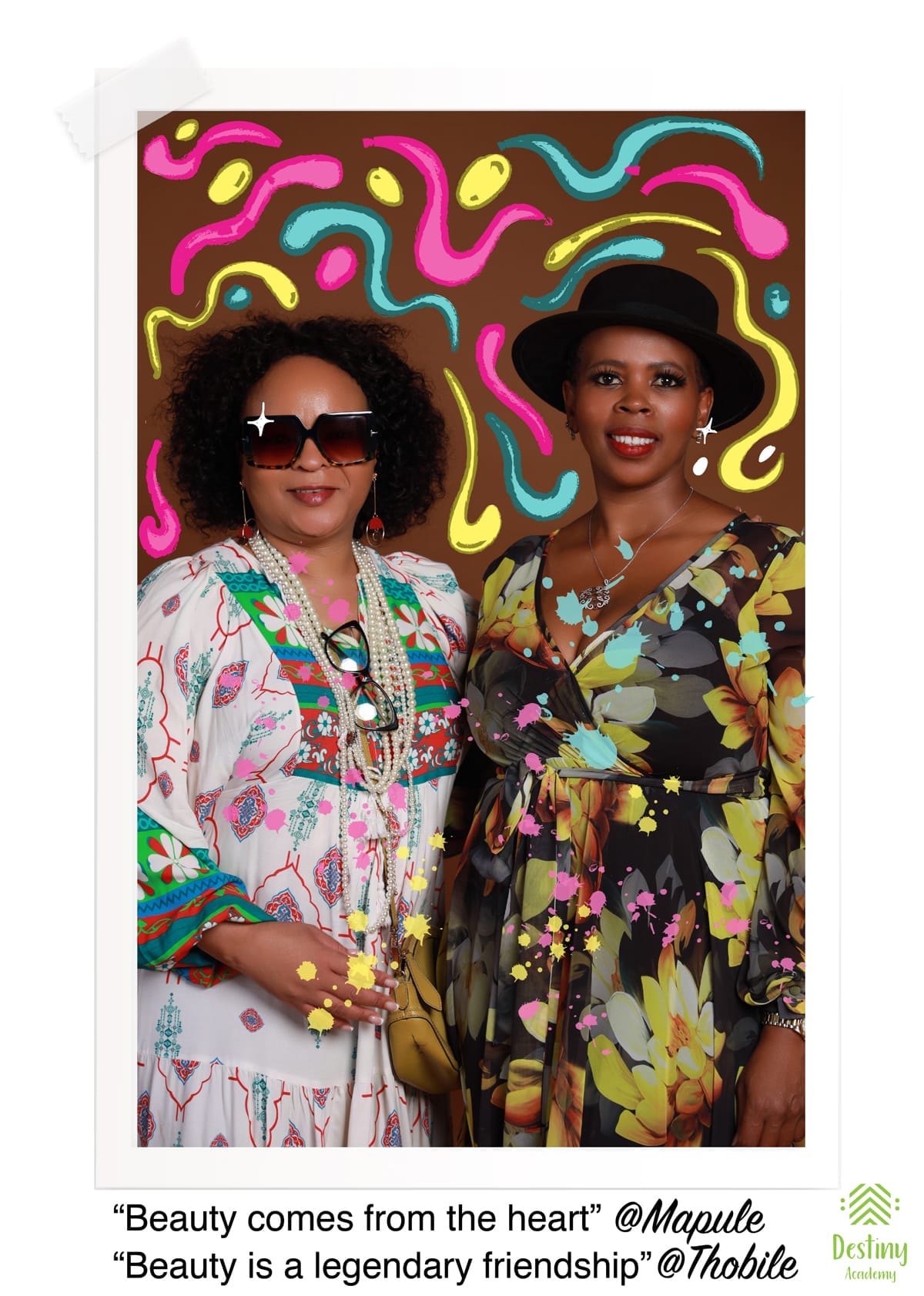 Two women stand together, smiling, in colourful floral dresses and sunglasses. One wears a black hat and bold jewellery. Behind them is a vibrant background with wavy neon lines. Decorative paint splatters overlay the image. Quotes and names appear at the bottom.