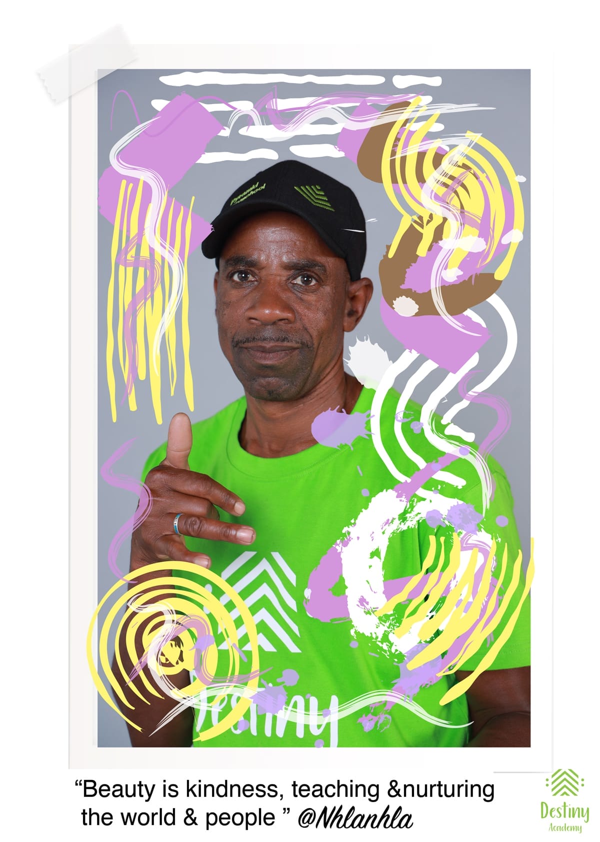 A man in a bright green shirt and black cap poses against a grey background. Colourful abstract swirls in yellow, purple, and white overlay the image. Below, a quote reads: 