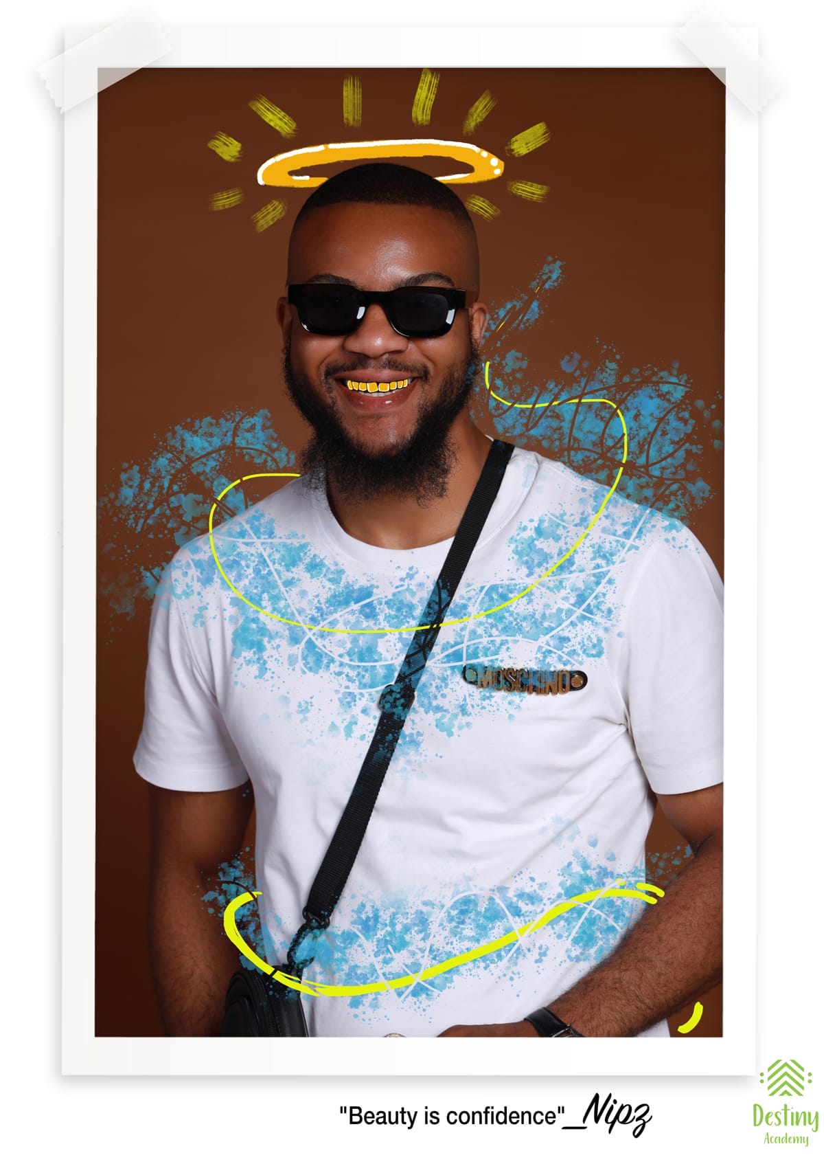A smiling man with a beard and sunglasses stands against a brown background. He wears a white T-shirt with a crossbody bag. Yellow illustrated lines and a halo are drawn around him. The quote below reads, 
