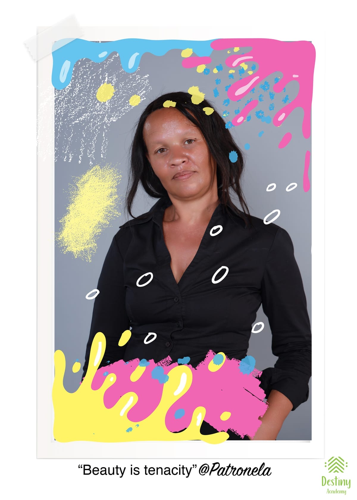 A woman with straight dark hair, wearing a black buttoned shirt, stands in front of a grey backdrop. Colourful paint splashes and doodles decorate the photo. Text below reads: 