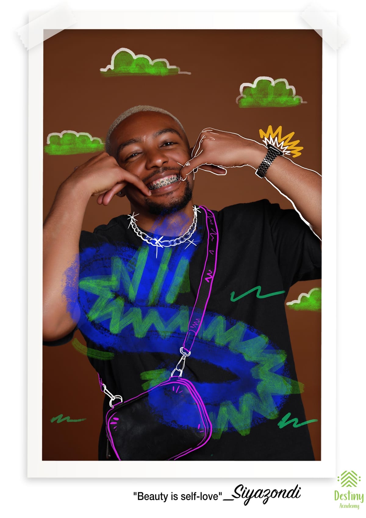 A smiling person with short blond hair and braces wears a black shirt and purple crossbody bag, posing playfully with hands on their face. The background has green cloud doodles and blue swirls. Text below reads: 