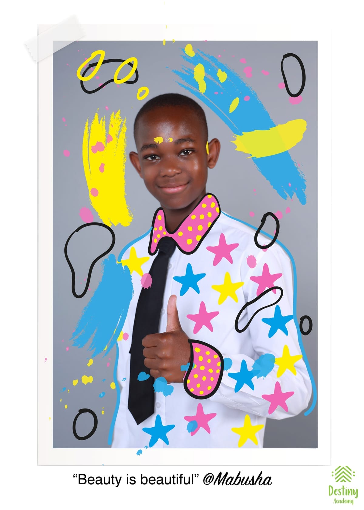 A smiling boy in a white shirt and black tie gives a thumbs-up. Colourful doodles—yellow, blue, pink, and black stars, dots, and swirls—decorate the photo. Text reads: 