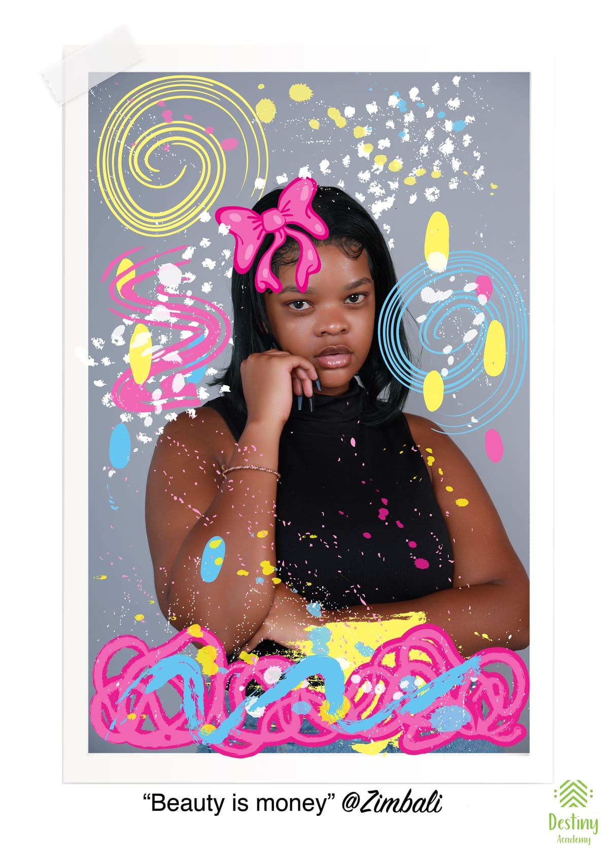 A young woman with a serious expression poses in a black sleeveless top, her hand under her chin. The photo is decorated with colourful doodles, swirls, and splashes in pink, blue, and yellow. Bottom text: 